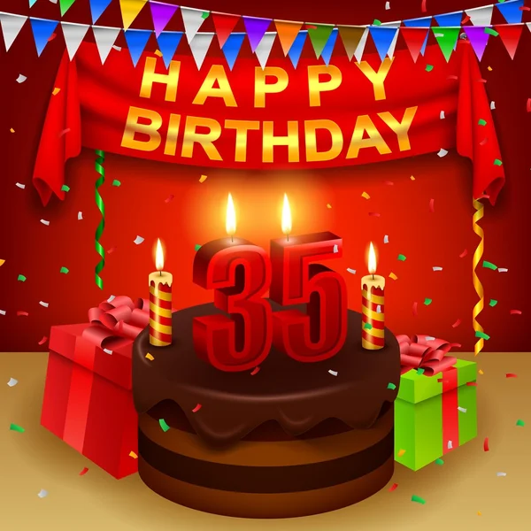 35th szczęśliwy urodziny tort czekoladowy i trójkątne flagi — Wektor stockowy