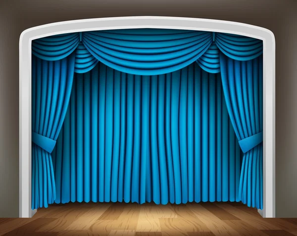 Tenda blu del teatro classico con pavimento in legno — Vettoriale Stock