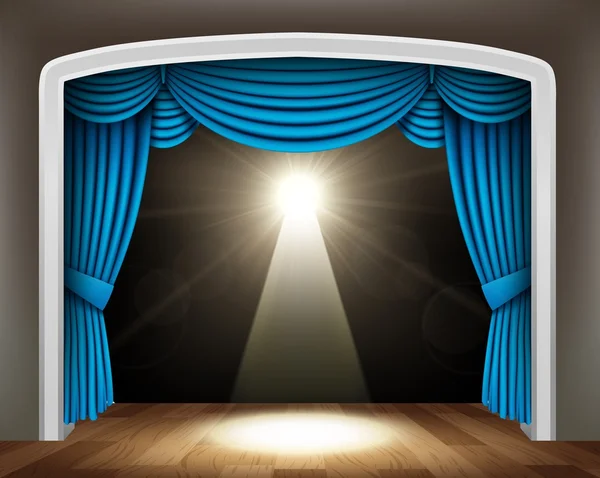 Rideau bleu de théâtre classique avec projecteur sur le sol en bois — Image vectorielle