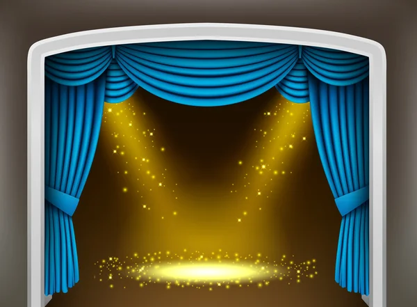 Tenda blu del teatro classico con riflettori in oro e spruzzi sul pavimento in legno — Vettoriale Stock