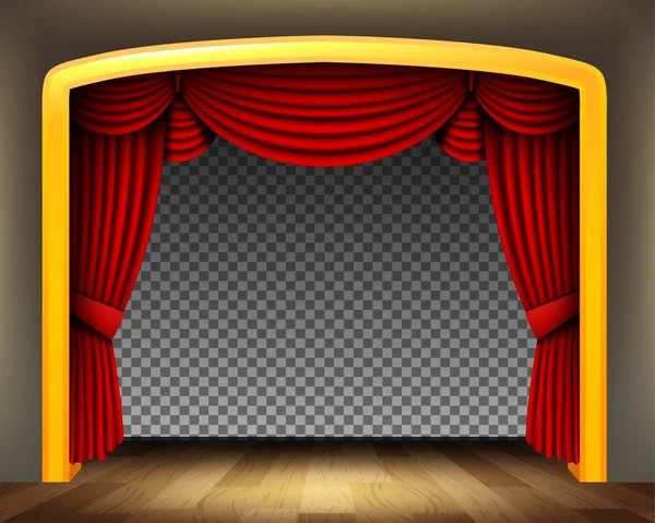 Tenda rossa di teatro classico con pavimento in legno — Vettoriale Stock