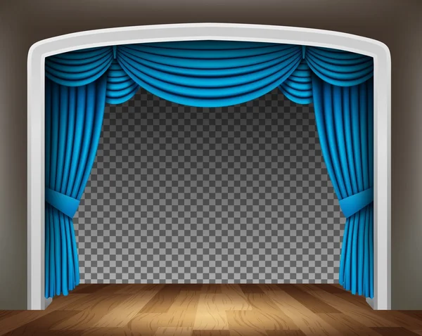 Tenda blu del teatro classico con pavimento in legno su sfondo trasparente — Vettoriale Stock
