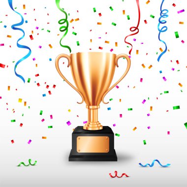 Metin alanı ve düşen konfetiyle gerçekçi Bronz Kupa, Vektör Resimleri