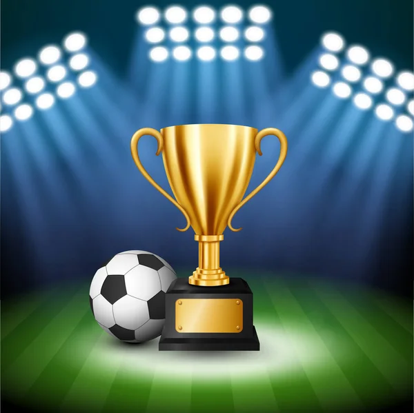 Fußballmeisterschaft Mit Goldener Trophäe Und Fußball Mit Beleuchtetem Scheinwerfer Vector — Stockvektor