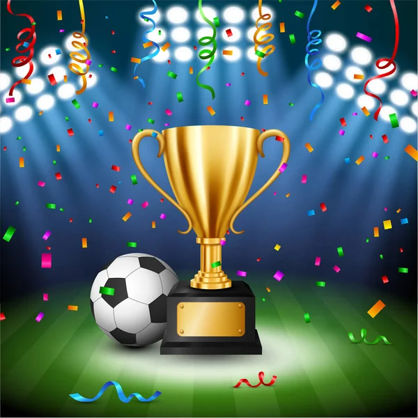 Soccer Championship Golden Trophy Falling Confetti Illuminated Spotlight Vector Illustration — Stock Vector