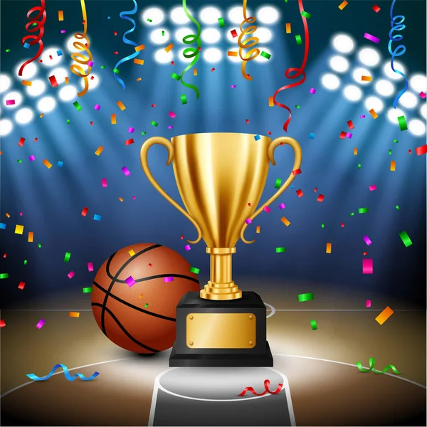 Basketball Championship Golden Trophy Falling Confetti Illuminated Spotlight Vector Illustration — Stock Vector