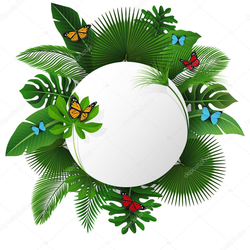 Round sign with text space of Tropical Leaves and butterflies. Suitable for nature concept, vacation, and summer holiday. Vector Illustration