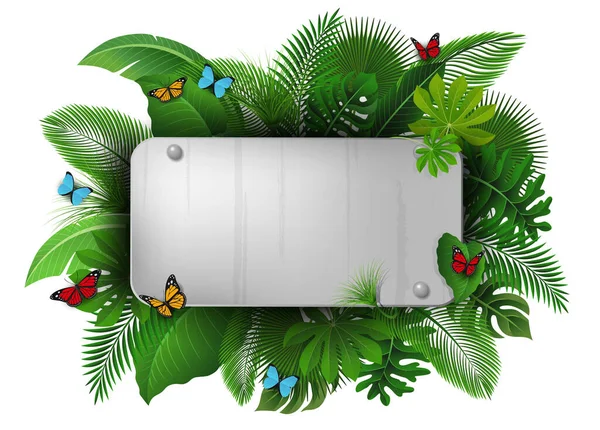 Chromschild Mit Textfläche Aus Tropischen Blättern Und Schmetterlingen Geeignet Für — Stockvektor
