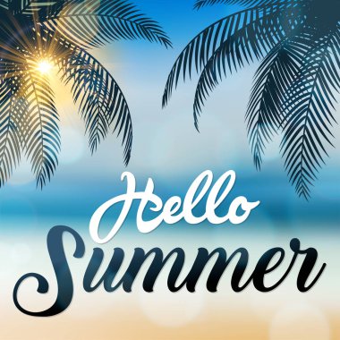 Merhaba yaz tabelası, deniz kenarında hindistan cevizi ağaçları var, yaz tatili ve plaj partisi için uygun..