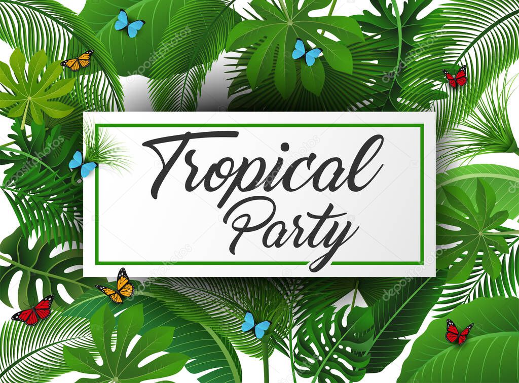Tropical party sign with Tropical Leaves and butterflies. Suitable for Summer concept, vacation, and summer holiday
