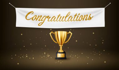 Metin alanı olan gerçekçi Altın Kupa ve tekstil afişi, Vektör İllüstrasyonu üzerine tebrikler metni