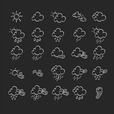 Hava durumu karalama simgesi seti, web, mobil ve bilgi grafikleri için uygun gerçek kalem çizimi. Vektör İllüstrasyonu