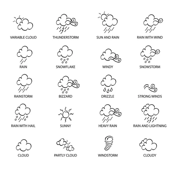 Conjunto Iconos Doodle Meteorológico Boceto Pluma Real Adecuado Para Web — Vector de stock