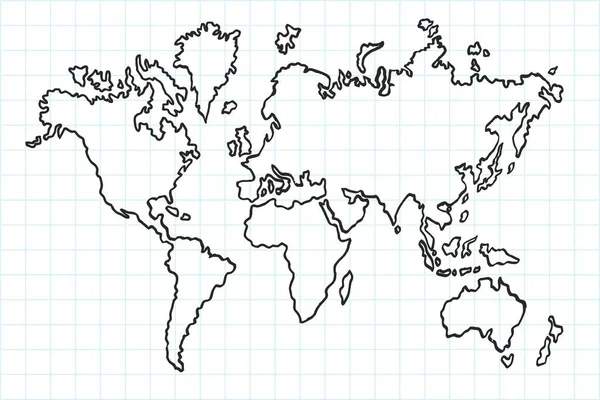 Mapa Del Mundo Plano Dibujado Mano Esbozo Lápiz Aislado Real — Vector de stock