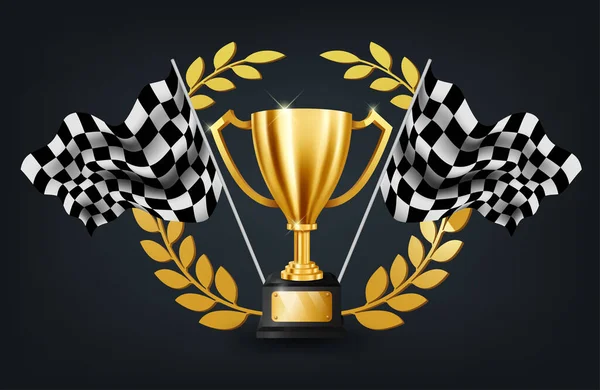 Realistisk Golden Trophy Med Gold Laurel Krans Och Checkered Flagga — Stock vektor