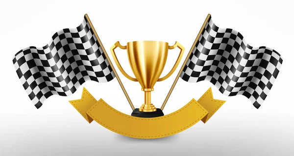 Realistic Golden Trophy Checkered Flag Racing Championship Background — Stock Vector