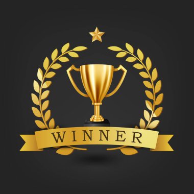 Altın Laurel çelenkli gerçekçi Altın Kupa ve Altın Kurdele, Vektör İllüstrasyonlu Kazanan metin