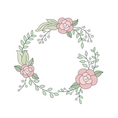 Yuvarlak çerçeveli çiçek çelengi. Reklam, davetiye ve diğer şeyler için uygun. Vektör İllüstrasyonu