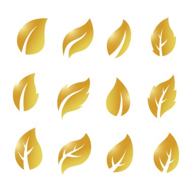 Altın yaprakların sanatsal koleksiyonu. Vektör İllüstrasyonu