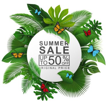 Round sign with Tropical Leaves and Summer Sale text . Suitable for promotion, advertising, and summer holiday clipart