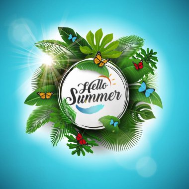 Tropikal Yapraklar ve mavi arka planlı yaz tabelası. Yaz konsepti, tatil ve yaz tatili için uygun.