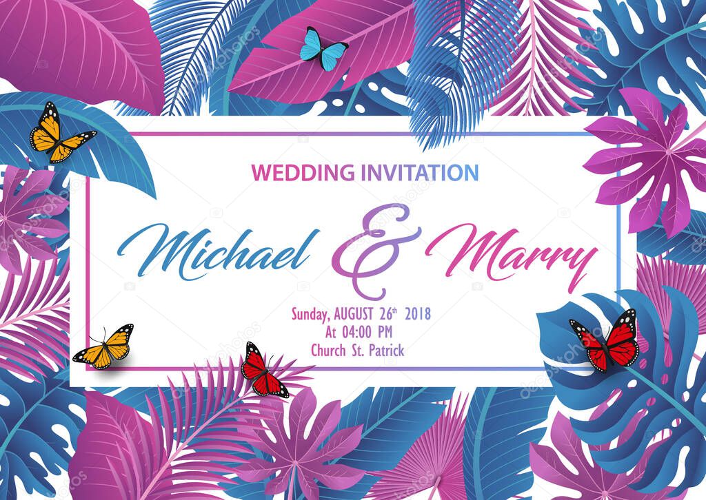 Wedding invitation with Tropical Leaves concept. Vector Illustration