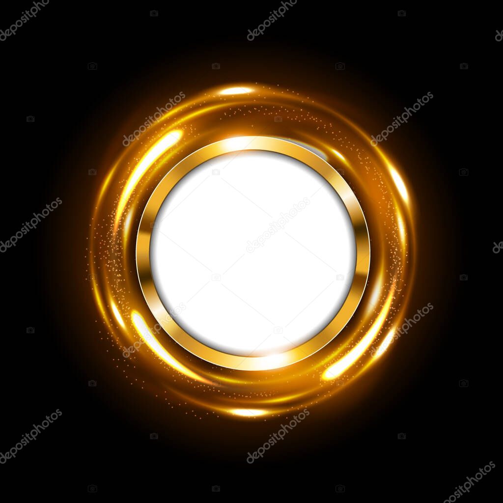 Round gold sign with text space on spinning gold light. Suitable for advertising, and other