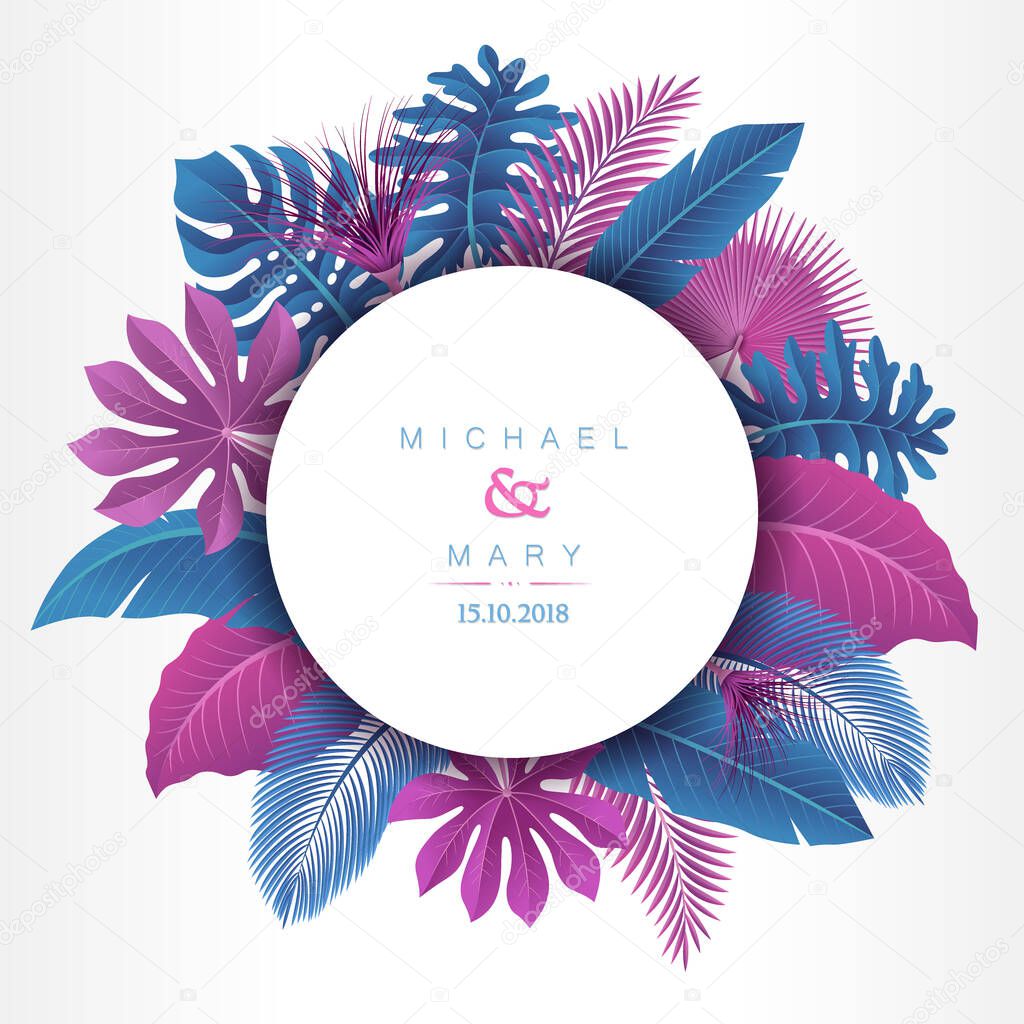 Wedding invitation with Tropical Leaves concept. Vector Illustration