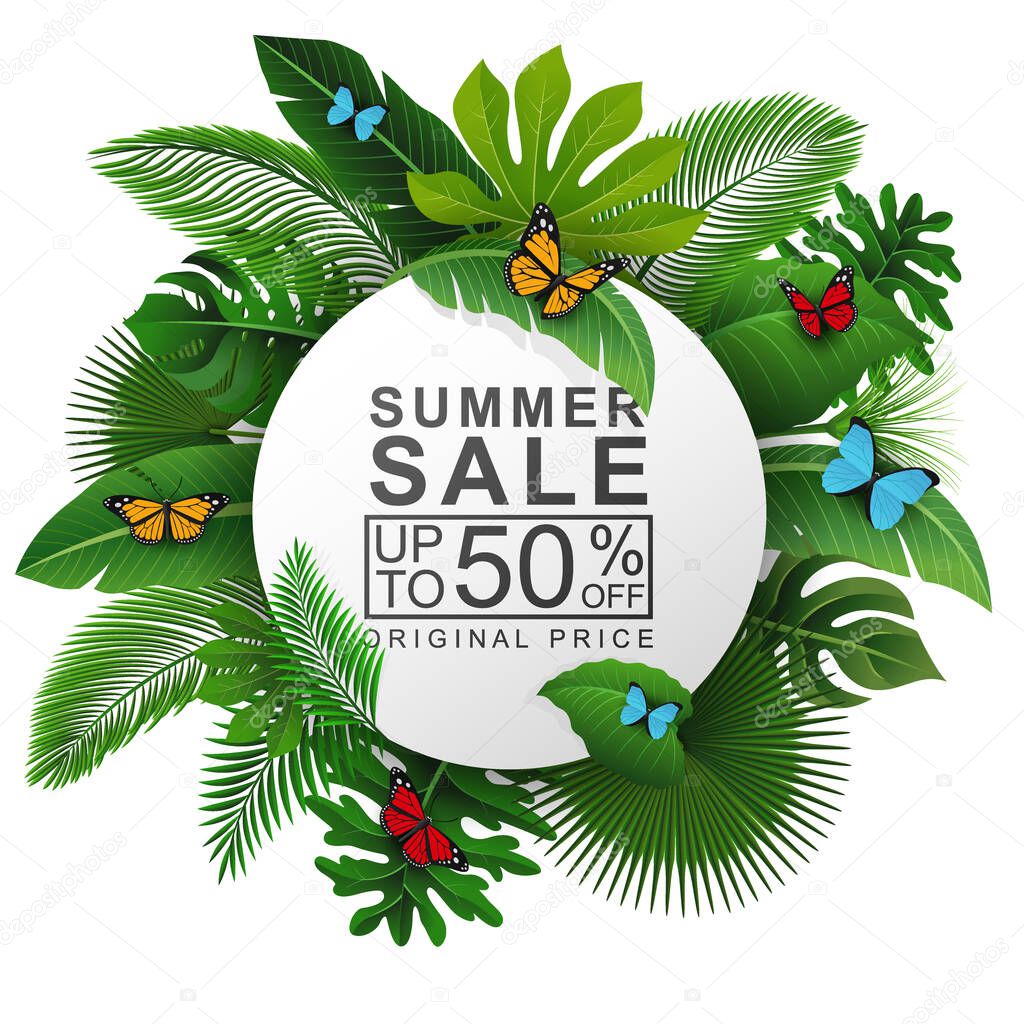 Round sign with Tropical Leaves and Summer Sale text . Suitable for promotion, advertising, and summer holiday