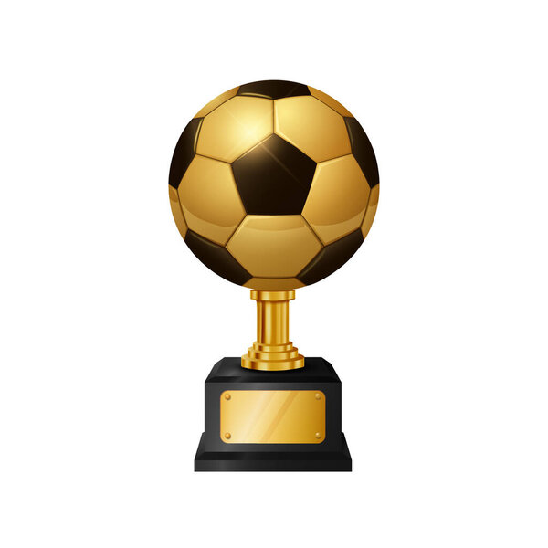 Realistic Gold Soccer Ball Trophy, isolated on white background. Vector Illustration