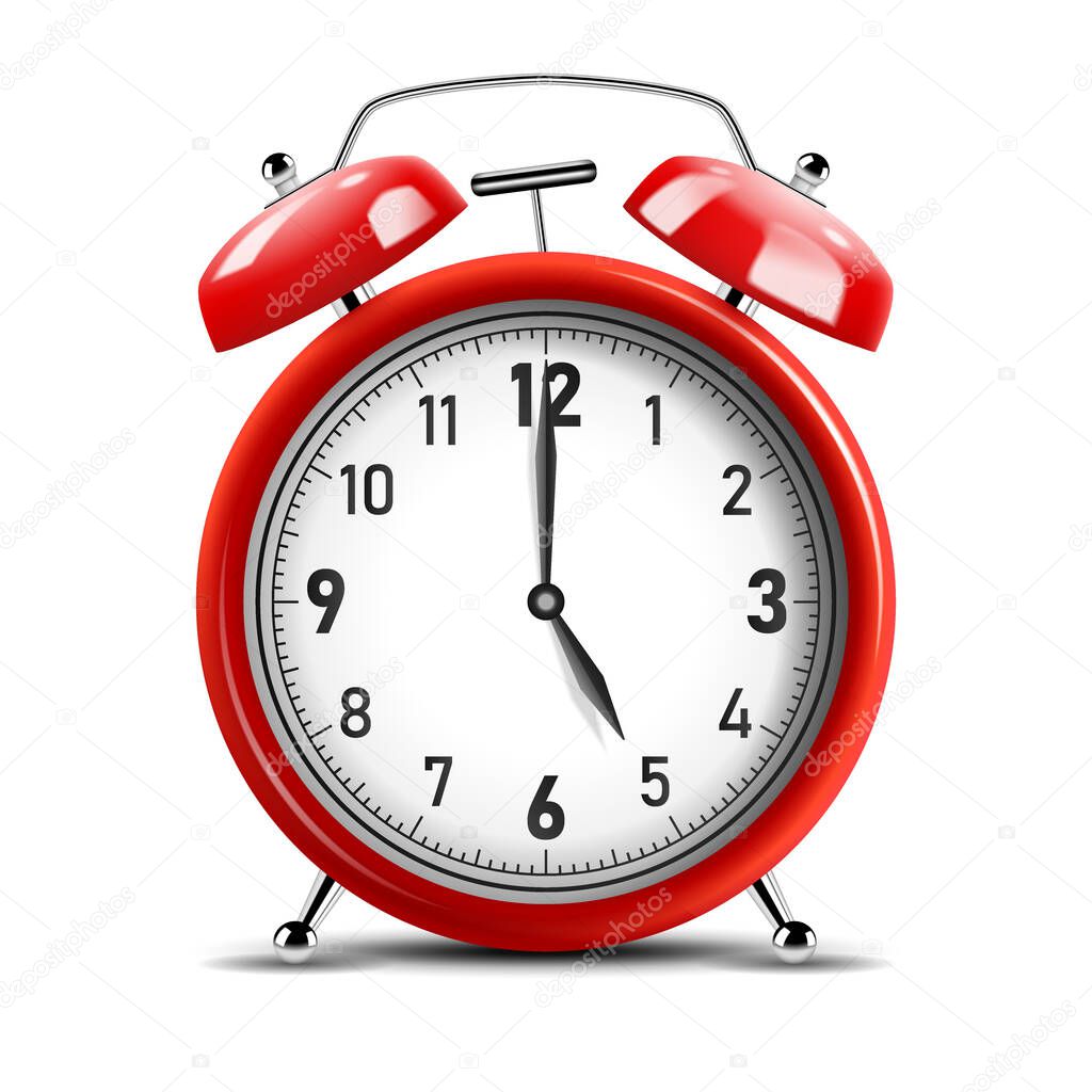 Realistic shiny red alarm clock. Vector Illustration