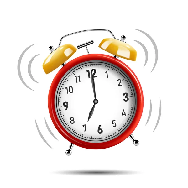 Reloj Despertador Rojo Amarillo Brillante Realista Ilustración Vectorial — Vector de stock