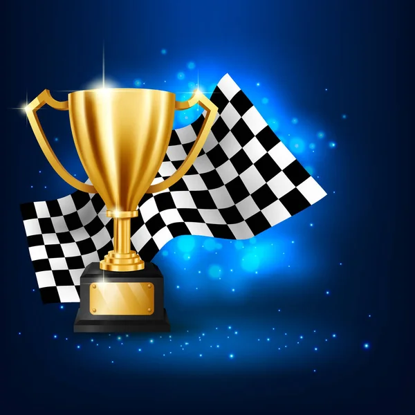 Realistic Golden Trophy Checkered Flag Racing Championship Blue Background — Stock Vector