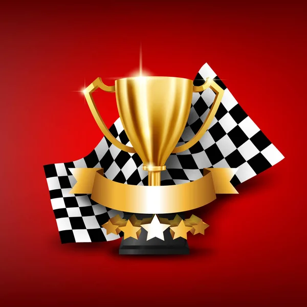 Realistic Golden Trophy Checkered Flag Racing Championship Place Text Vector — Stock Vector