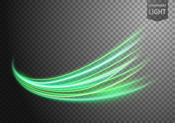 Abstraktní Zelená Vlnitá Linie Světla Průhledným Pozadím Izolovaná Snadno Upravitelná — Stockový vektor