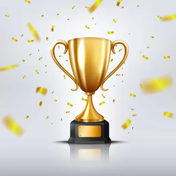 Düşen konfetilerle çevrili gerçekçi Altın Kupa, beyaz arka planda izole edilmiş. Vektör İllüstrasyonu