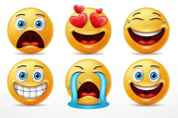 Senyum Menghadapi Set Karakter Emoticon Ekspresi Wajah Kuning Lucu Terkejut - Stok Vektor