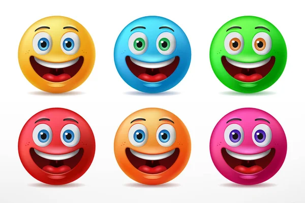 Sorrindo Enfrenta Personagens Emoticon Com Seis Cores Pré Definidas Expressões —  Vetores de Stock