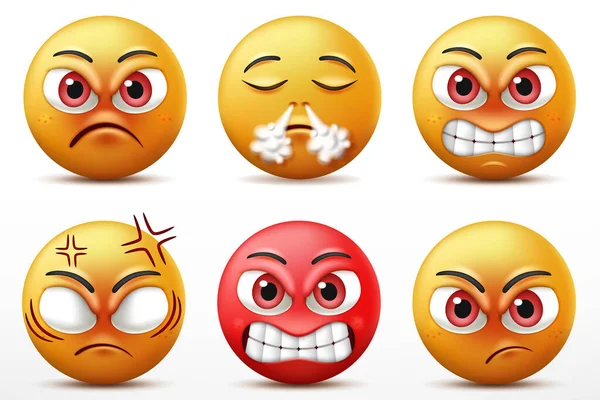 Lächelnde Gesichter Emoticon Zeichensatz Gesichtsausdruck Von Niedlichen Gelben Gesichter Wütend — Stockvektor