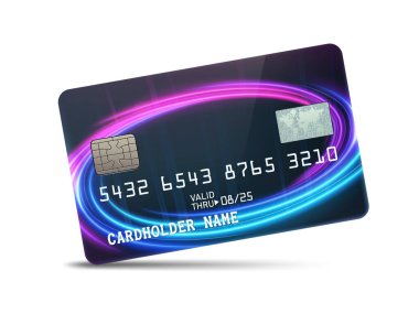 Dalgalı neon ışıklı, beyaz arka planda izole edilmiş ayrıntılı, parlak platin kredi kartı. Vektör İllüstrasyonu