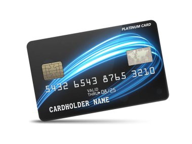 Dalgalı neon ışıklı, beyaz arka planda izole edilmiş ayrıntılı, parlak platin kredi kartı. Vektör İllüstrasyonu