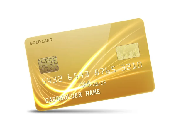 Detallada Tarjeta Crédito Oro Brillante Con Decoración Luz Neón Ondulado — Vector de stock