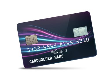 Dalgalı neon ışıklı, beyaz arka planda izole edilmiş detaylı siyah kredi kartı. Vektör İllüstrasyonu