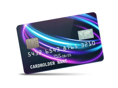 Dalgalı neon ışıklı, beyaz arka planda izole edilmiş ayrıntılı, parlak platin kredi kartı. Vektör İllüstrasyonu