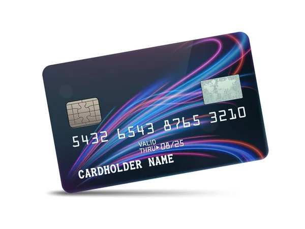 Detaillierte Glänzende Platin Kreditkarte Mit Wellenförmigem Neonlicht Dekor Isoliert Auf — Stockvektor