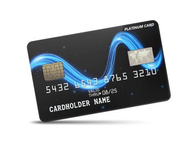 Dalgalı neon ışıklı, beyaz arka planda izole edilmiş ayrıntılı, parlak platin kredi kartı. Vektör İllüstrasyonu