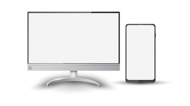 Gerçekçi masaüstü bilgisayar ekranı ve cep telefonu modeli, vektör illüstrasyonu