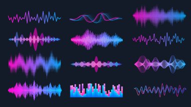 Ses dalgaları ayarlandı, müzik dalgası HUD arayüz elemanları, frekans ses dalgası, ses grafiği sinyali. Vektör ses elektronik renk dalgası