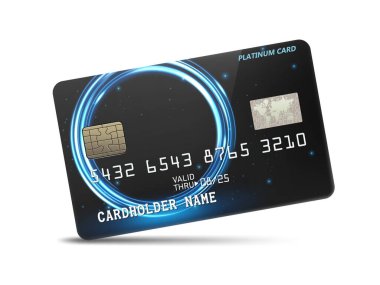 Beyaz arka planda izole edilmiş, neon ışıklı yüzüklü, parlak platin kredi kartı. Vektör İllüstrasyonu