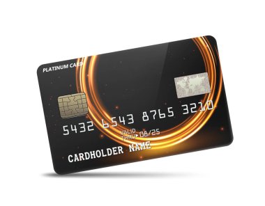 Beyaz arka planda izole edilmiş, neon ışıklı yüzüklü, parlak platin kredi kartı. Vektör İllüstrasyonu